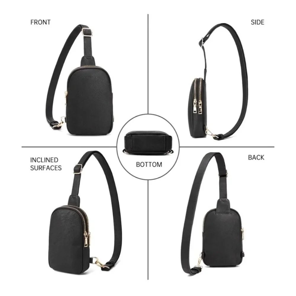 Coraldaisy Black Faux Leather Small Crossbody Sling Bag Pebbled Zipper - Picture 15 of 15